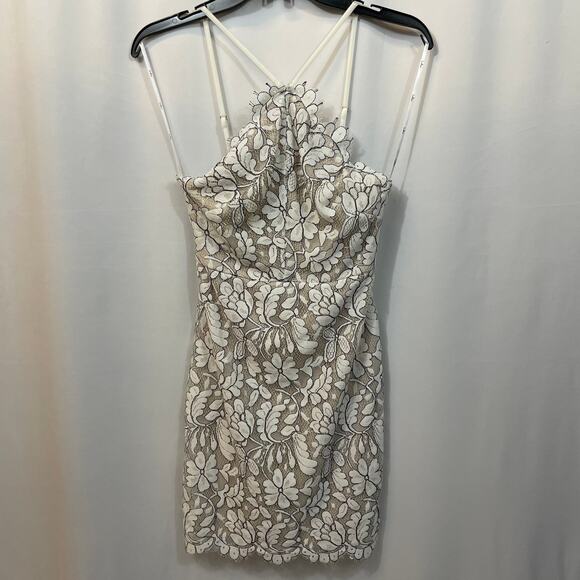 Lulus White Cream Lace Halter Cross Neck Scalloped Hem Mini Dress XS - Picture 2 of 7